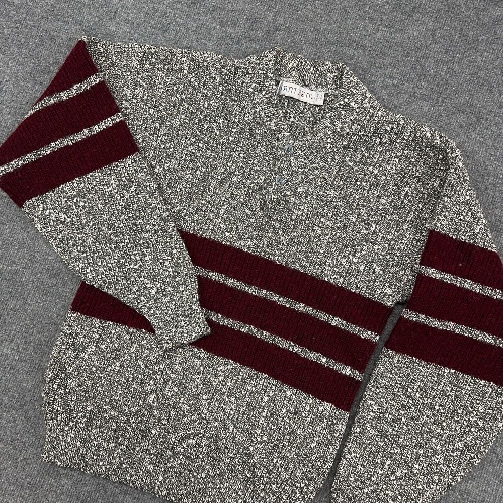 Vintage Jantzen Sweater Adult M Gray Red Thick Stripe Henley Wool Blend USA Made